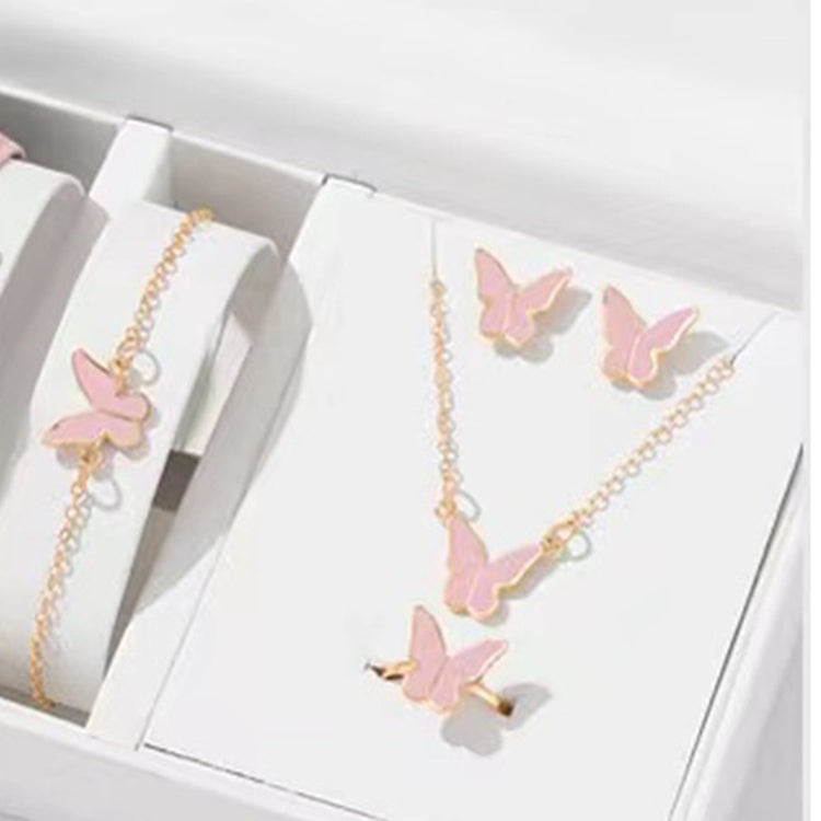 5PCS Fashion Butterfly Pendants Necklace Earrings Ring Bracelet Sets For Women Jewelry Set Bridal Wedding Jewelry Gift - Artigo Importado