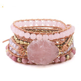 Natural Stone Bracelet  Quartz Leather Wrap Bracelets For Women Rose Gems Beads Jewelry 5 Strand - Artigo Importado