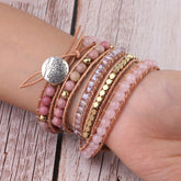 Natural Stone Bracelet  Quartz Leather Wrap Bracelets For Women Rose Gems Beads Jewelry 5 Strand - Artigo Importado