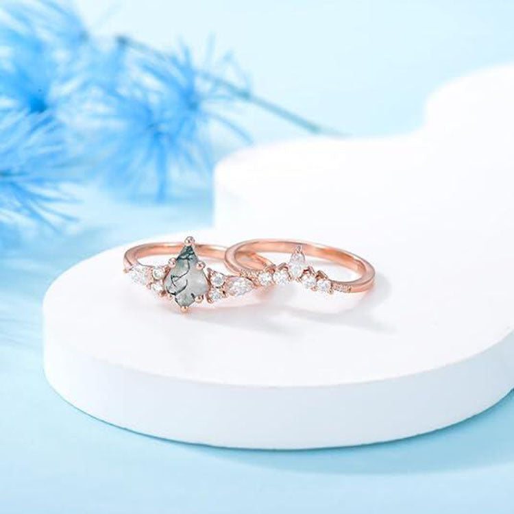 2pcs Fashion Rings Natural Green Moss Stone Agate Ring For Women Personalized Jewelry - Artigo Importado
