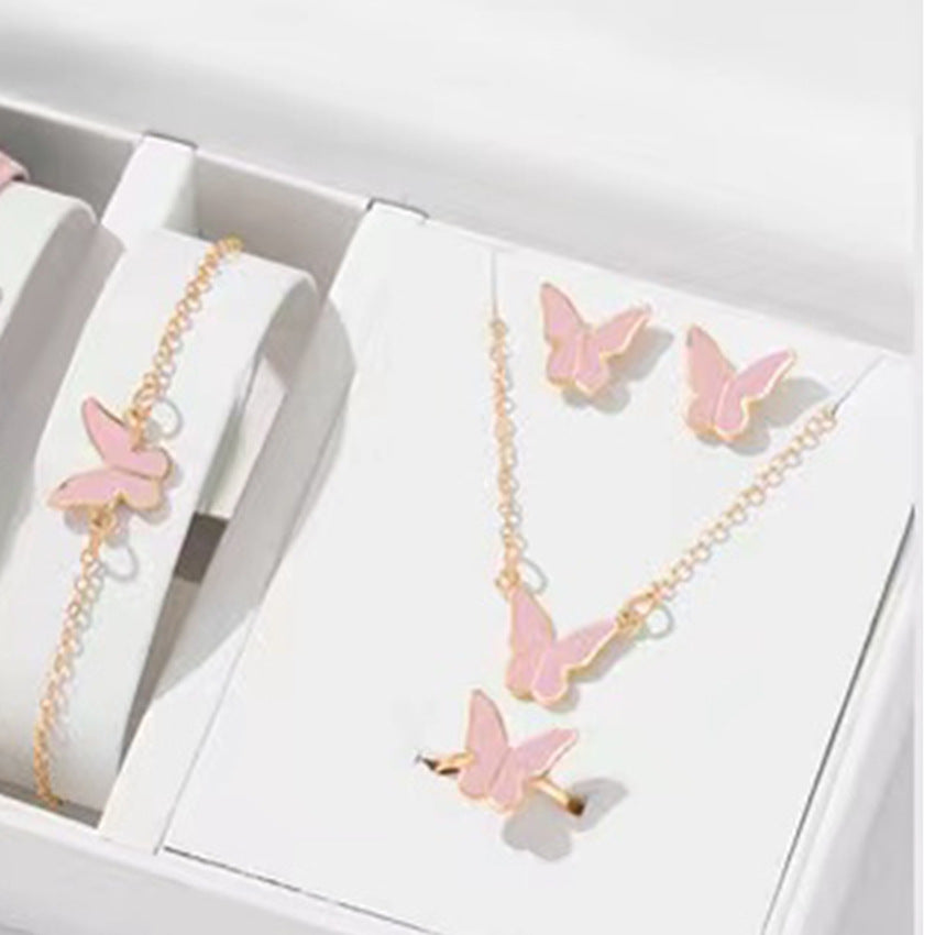5PCS Fashion Butterfly Pendants Necklace Earrings Ring Bracelet Sets For Women Jewelry Set Bridal Wedding Jewelry Gift - Artigo Importado