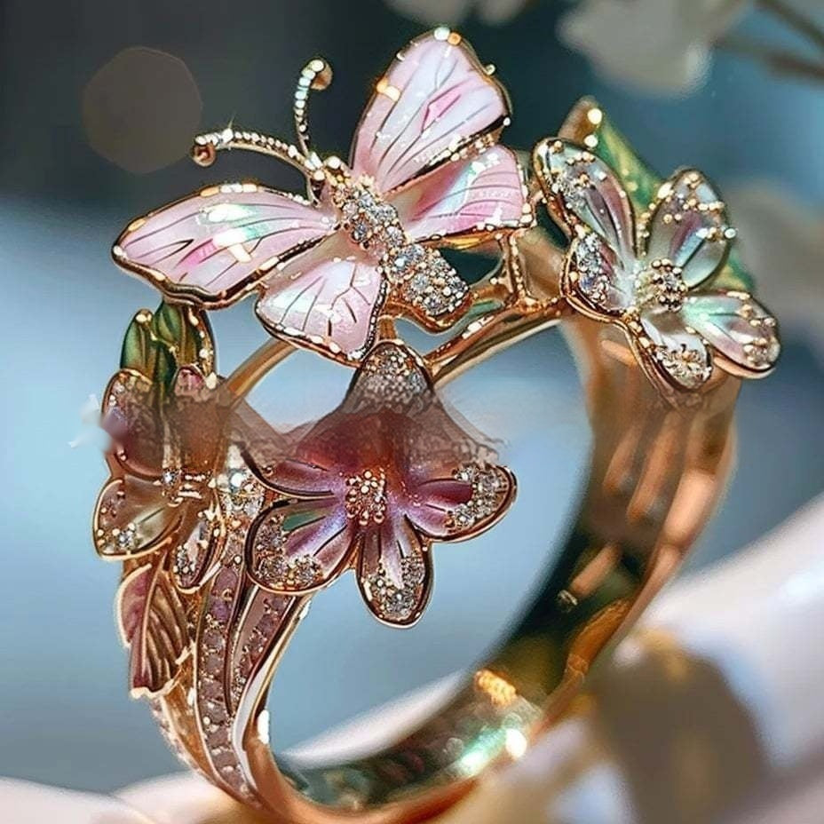 Adjustable Crystal Butterfly Flower Ring For Women - Artigo Importado
