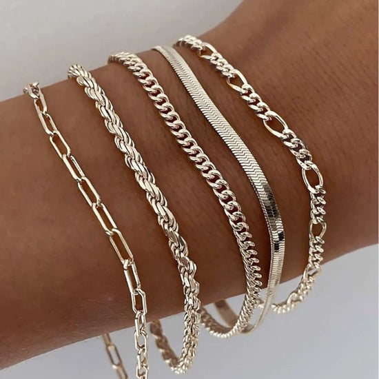5pcs Silver Bracelets For Women, 14K Silver Plated Dainty Bracelets Set For Women Trendy Adjustable Stackable Bracelets - Artigo Importado