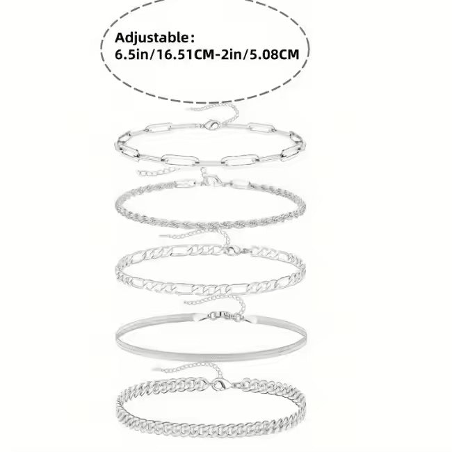 5pcs Silver Bracelets For Women, 14K Silver Plated Dainty Bracelets Set For Women Trendy Adjustable Stackable Bracelets - Artigo Importado