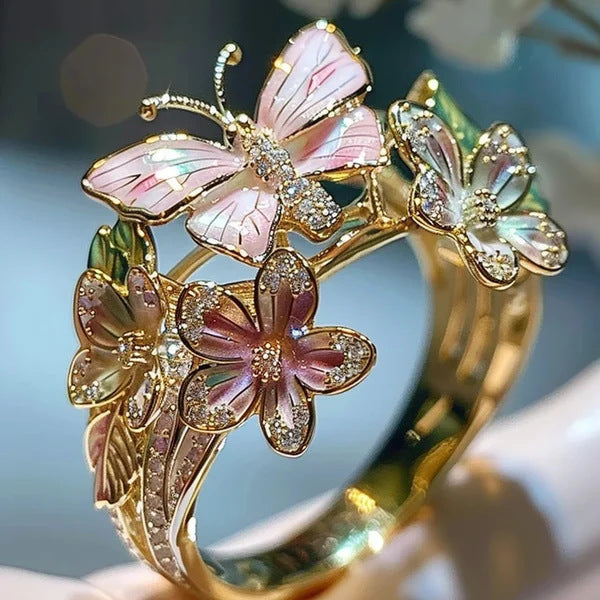 Adjustable Crystal Butterfly Flower Ring For Women - Artigo Importado